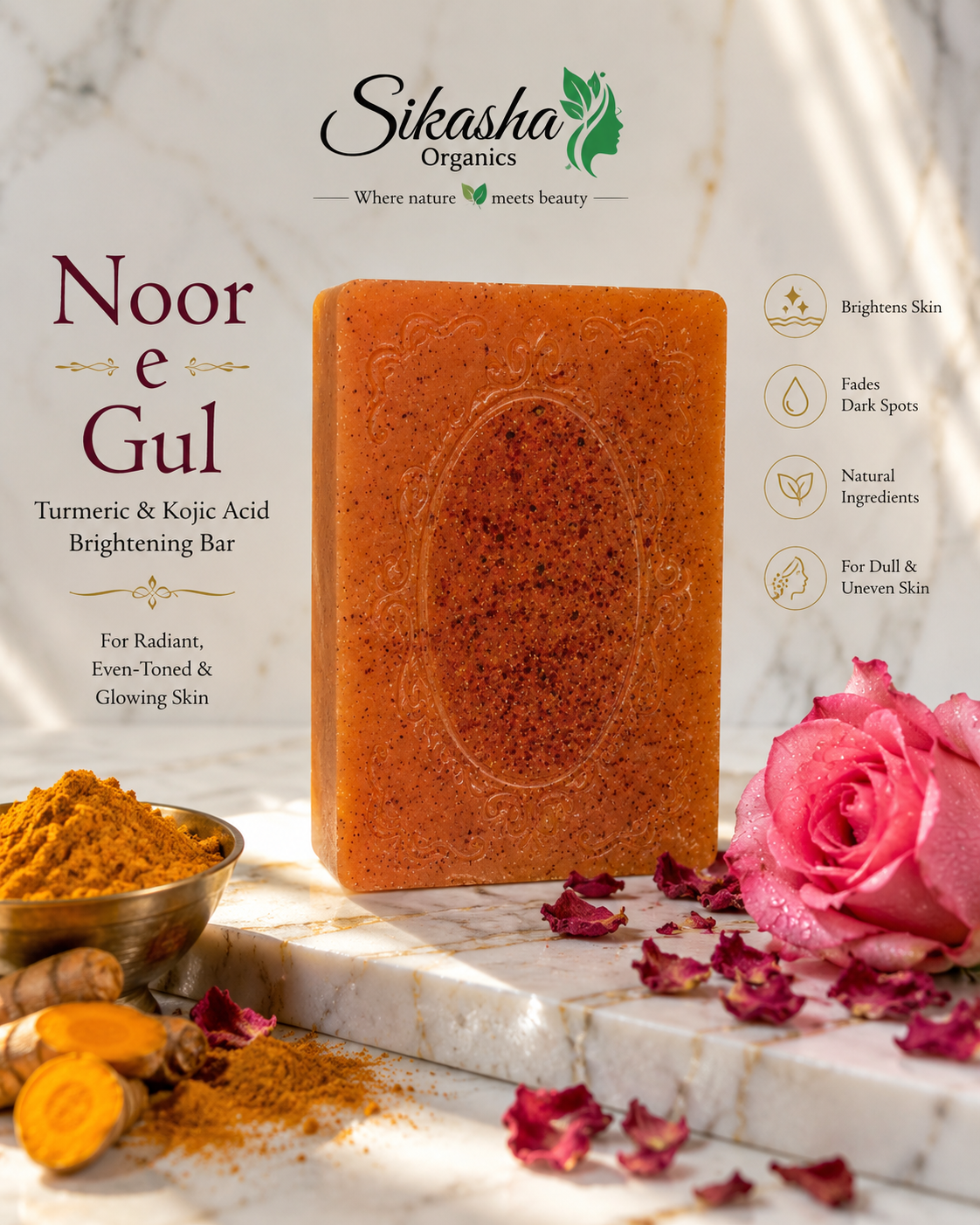 Noor-e-Gul ✨ — Turmeric, Kojic Acid & Rose Brightening Bar | Glow Like Never Before — Naturally! | 100g