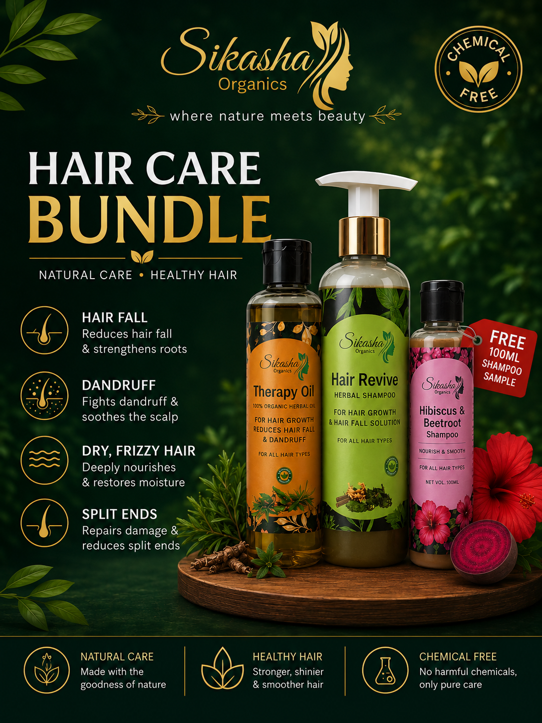 Summer Bundle Offer | 1 Herbal Shampoo 300ml & 1 Hair Oil 150ml + FREE Hibiscus Beetroot Shampoo 100ml