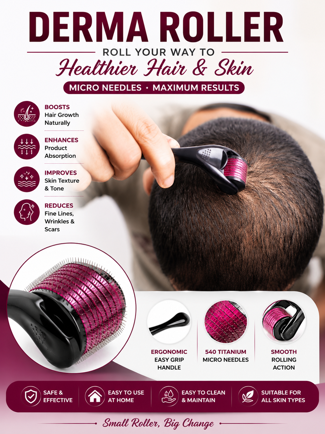 Sikasha Derma Roller — 540 Needles 0.5mm | Hair Regrowth, Scalp Massage & Blood Circulation