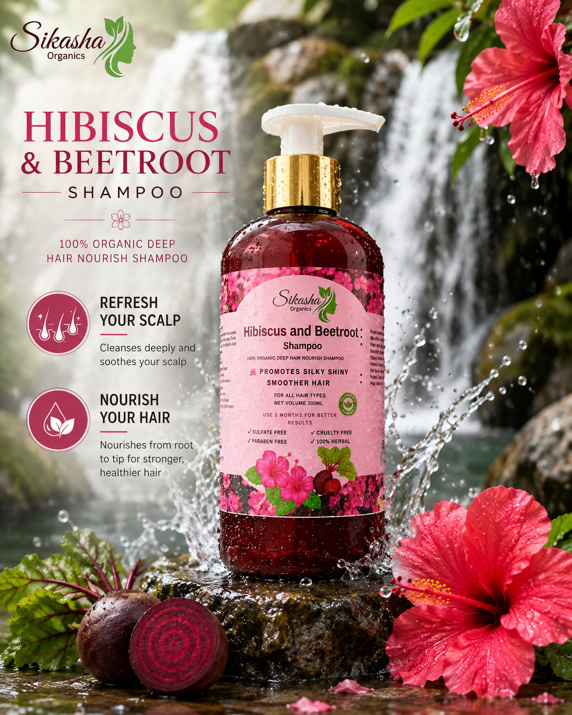 Sikasha Hibiscus & Beetroot Shampoo — Deep Nourishing Herbal Shampoo for Hair Growth & Shine | 300ml