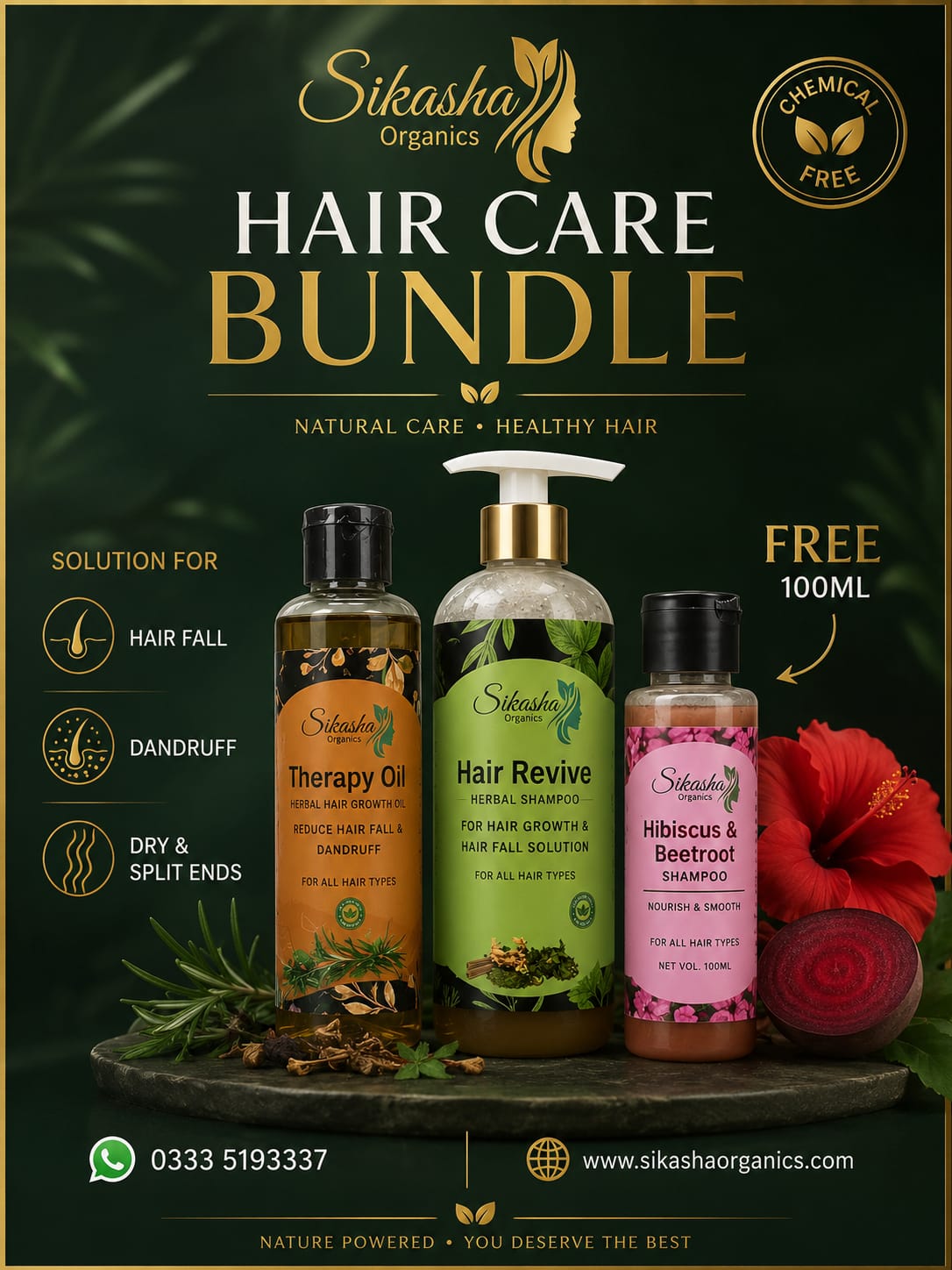Sikasha Hair Care Bundle 1 — Herbal Shampoo 300ml + Hair Oil 150ml + FREE Hibiscus Beetroot Shampoo 100ml