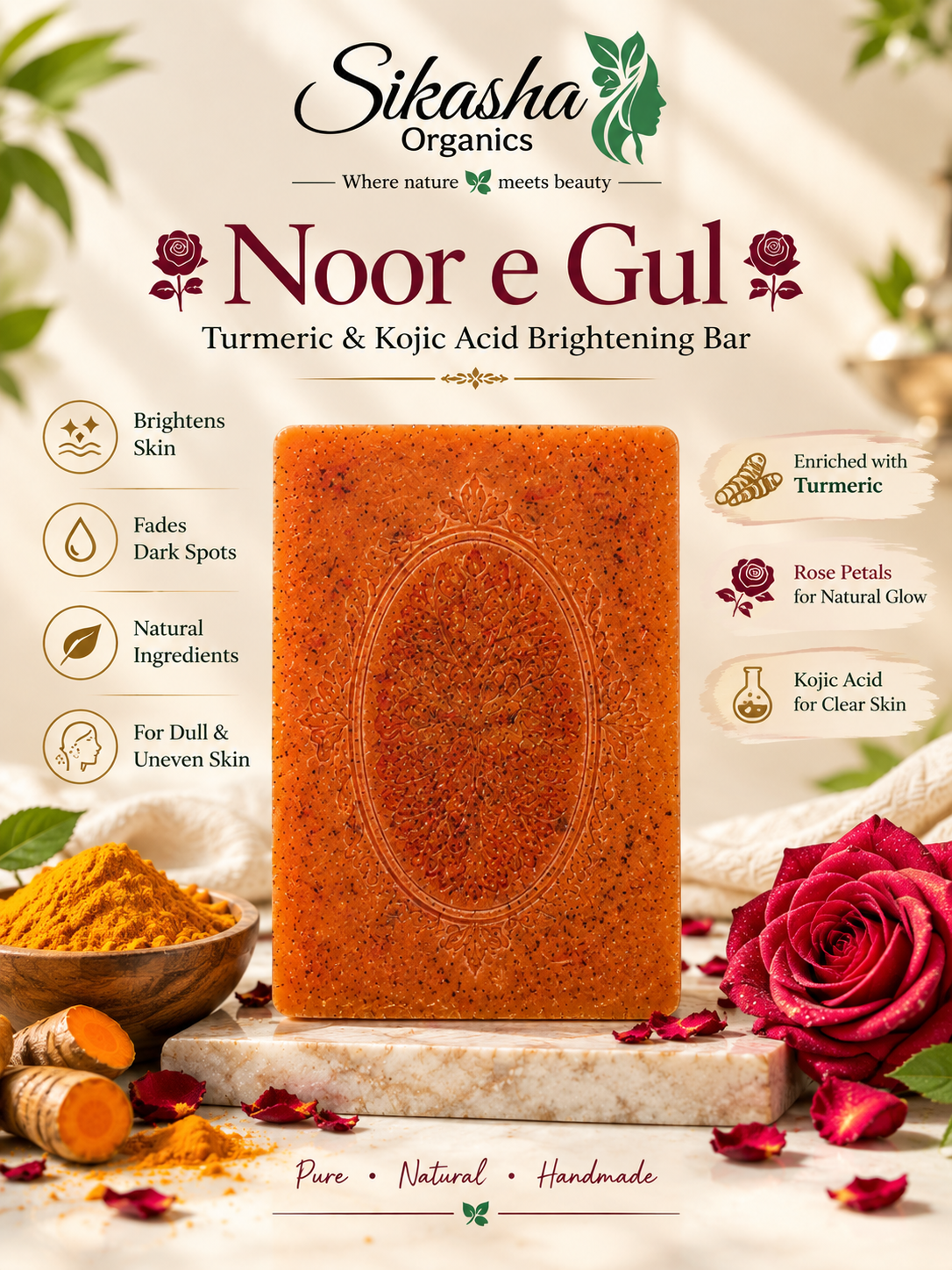 Noor-e-Gul ✨ — Turmeric, Kojic Acid & Rose Brightening Bar | Glow Like Never Before — Naturally! | 100g