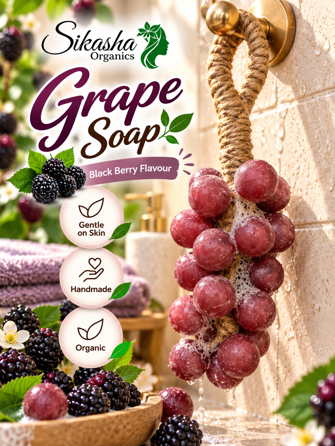 Sikasha Grape Shaped Hanging Soap — Decorative Jute Rope | 6 Colours | Bathroom Aesthetic